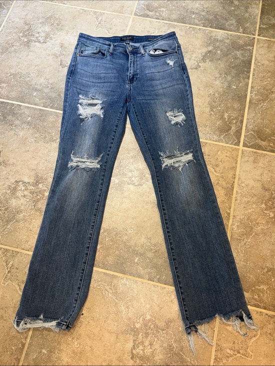 Judy Blue Denim - Judy Blue Distressed Dark Blue Flare Jeans